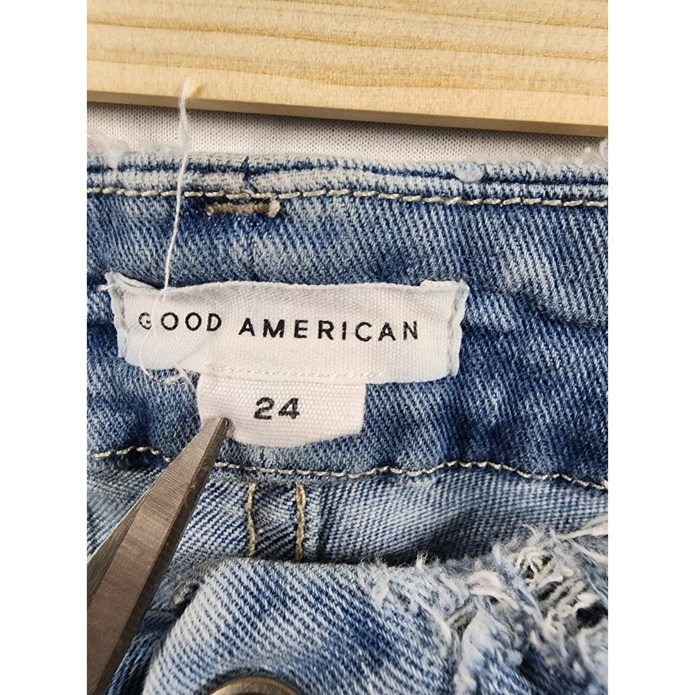 Good American Good Legs Flare Jeans Blue Button Fly Raw Hem Boho Chic Size 24 - Picture 5 of 10